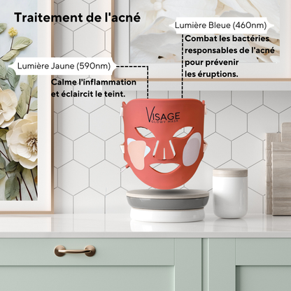 Masque pour un traitement anti-acné. combinant lumière Jaune (590nm) et lumière bleue (460nm).